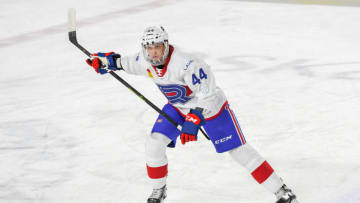 LAVAL, QC, CANADA - DECEMBER 21: Noah Juulsen #44 of the Laval Rocket skating during warm-up against the Toronto Marlies at Place Bell on December 21, 2018 in Laval, Quebec. (Photo by Stephane Dube /Getty Images)