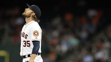 Jul 28, 2015; Houston, TX, USA; Houston Astros relief pitcher Josh Fields (35) looks up before pitching against the Los Angeles Angels in the sixth inning at Minute Maid Park. Astros won 10-5. Mandatory Credit: Thomas B. Shea-USA TODAY Sports