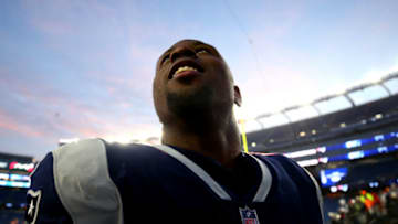 FOXBOROUGH, MASSACHUSETTS - JANUARY 13: James White #28 of the New England Patriots reacts after the AFC Divisional Playoff Game against the Los Angeles Chargers at Gillette Stadium on January 13, 2019 in Foxborough, Massachusetts. (Photo by Adam Glanzman/Getty Images)