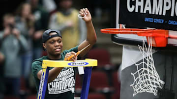 CHICAGO, ILLINOIS - MARCH 17: Cassius Winston #5 of the Michigan State Spartans cuts down the net after beating the Michigan Wolverines 65-60 in the championship game of the Big Ten Basketball Tournament at United Center on March 17, 2019 in Chicago, Illinois. (Photo by Dylan Buell/Getty Images)