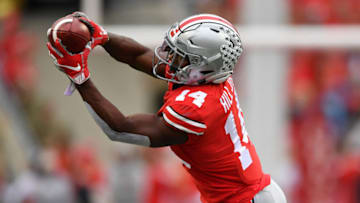 COLUMBUS, OH - SEPTEMBER 22: K.J. Hill #14 of the Ohio State Buckeyes catches a pass for a first down in the second quarter against the Tulane Green Wave at Ohio Stadium on September 22, 2018 in Columbus, Ohio. (Photo by Jamie Sabau/Getty Images)