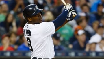 Jun 6, 2016; Detroit, MI, USA; Detroit Tigers left fielder Justin Upton (8) hits a two run home run in the third inning against the Toronto Blue Jays at Comerica Park. Mandatory Credit: Rick Osentoski-USA TODAY Sports