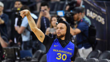OAKLAND, CA - JUNE 12: Stephen Curry #30 of the Golden State Warriors looks on after shooting a three point basket during NBA Finals practice and media availability on June12, 2019 at Oracle Arena in Oakland, California. NOTE TO USER: User expressly acknowledges and agrees that, by downloading and/or using this photograph, user is consenting to the terms and conditions of the Getty Images License Agreement. Mandatory Copyright Notice: Copyright 2019 NBAE (Photo by Jesse D. Garrabrant/NBAE via Getty Images)
