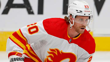 Jan 22, 2022; Edmonton, Alberta, CAN; Calgary Flames forward Blake Coleman (20) skates during warmup against the Edmonton Oilers at Rogers Place. Mandatory Credit: Perry Nelson-USA TODAY Sports