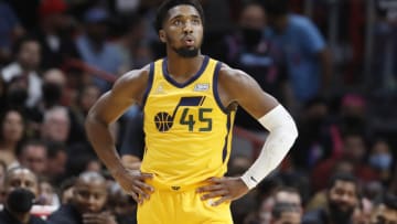 Donovan Mitchell #45 of the Utah Jazz reacts against the Miami Heat(Photo by Michael Reaves/Getty Images)