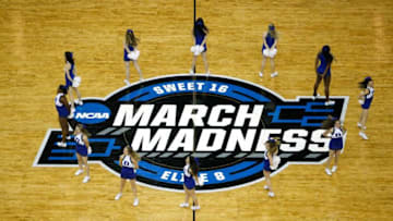 OMAHA, NE - MARCH 25: The Duke Blue Devils cheerleaders perform in the 2018 NCAA Men's Basketball Tournament Midwest Regional between the Kansas Jayhawks and the Duke Blue Devils at CenturyLink Center on March 25, 2018 in Omaha, Nebraska. The Kansas Jayhawks defeated the Duke Blue Devils 85-81. (Photo by Streeter Lecka/Getty Images)
