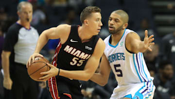 CHARLOTTE, NORTH CAROLINA - OCTOBER 09: Duncan Robinson #55 of the Miami Heat looks to pass around Nicolas Batum #5 of the Charlotte Hornets during their game at Spectrum Center on October 09, 2019 in Charlotte, North Carolina. NOTE TO USER: User expressly acknowledges and agrees that, by downloading and or using this photograph, User is consenting to the terms and conditions of the Getty Images License Agreement. (Photo by Streeter Lecka/Getty Images)