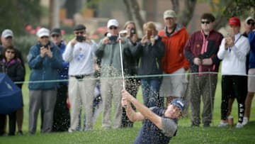 LA QUINTA, CALIFORNIA - JANUARY 17: Phil Mickelson plays a shot out of the bunker on the 12th hole during the first round of the Desert Classic at La Quinta Country Club on January 17, 2019 in La Quinta, California. (Photo by Jeff Gross/Getty Images)