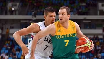 Australia's small forward Joe Ingles (R) works around Serbia's shooting guard Bogdan Bogdanovic during a Men's round Group A basketball match between Serbia and Australia at the Carioca Arena 1 in Rio de Janeiro on August 8, 2016 during the Rio 2016 Olympic Games. / AFP / Andrej ISAKOVIC (Photo credit should read ANDREJ ISAKOVIC/AFP/Getty Images)