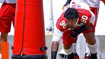 May 6, 2016; Tempe, AZ, USA; Arizona Cardinals defensive tackle Robert Nkemdiche (90) during rookie minicamp at the Cardinals Training Facility. Mandatory Credit: Mark J. Rebilas-USA TODAY Sports