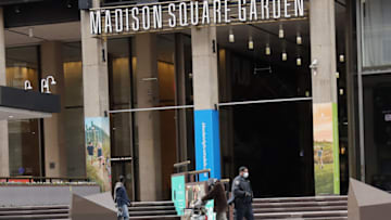 NEW YORK, NEW YORK - APRIL 02: A masked police officer makes his way past Madison Square Garden on April 02, 2020 in New York City. Currently, over 92,000 people in New York state have tested positive for COVID-19. (Photo by Bruce Bennett/Getty Images)