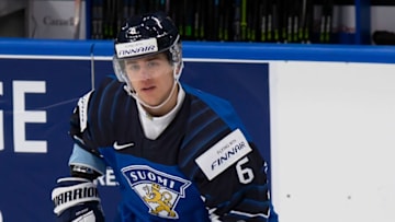 EDMONTON, AB - DECEMBER 26: Eemil Viro #6 of Finland during warm up against Austria during the 2022 IIHF World Junior Championship at Rogers Place on December 27, 2021 in Edmonton, Canada. (Photo by Codie McLachlan/Getty Images)