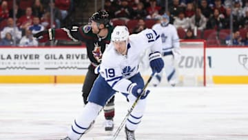 GLENDALE, ARIZONA - NOVEMBER 21: Jason Spezza #19 of the Toronto Maple Leafs skates with the puck during the NHL game against the Arizona Coyotes at Gila River Arena on November 21, 2019 in Glendale, Arizona. The Maple Leafs defeated the Coyotes 3-1. (Photo by Christian Petersen/Getty Images)