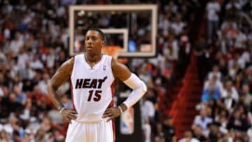 Mar 16, 2014; Miami, FL, USA; Miami Heat guard Mario Chalmers (15) takes a breather during the second half against the Houston Rockets at American Airlines Arena. Mandatory Credit: Steve Mitchell-USA TODAY Sports