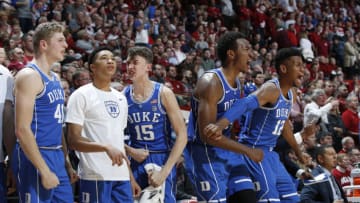 BLOOMINGTON, IN - NOVEMBER 29: Duke Blue Devils players react from the bench in the second half of a game against the Indiana Hoosiers at Assembly Hall on November 29, 2017 in Bloomington, Indiana. Duke won 91-81. (Photo by Joe Robbins/Getty Images)
