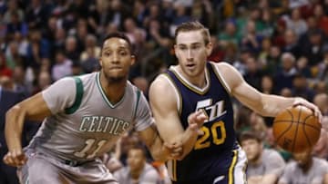 Mar 4, 2015; Boston, MA, USA; Utah Jazz forward Gordon Hayward (20) drives to the hoop against Boston Celtics guard Evan Turner (11) during the second half at TD Garden. Mandatory Credit: Mark L. Baer-USA TODAY Sports