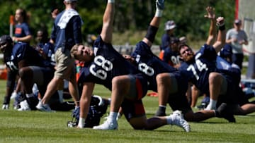 Jul 30, 2022; Lake Forest Illinois, US; Chicago Bears offensive lineman Doug Kramer (68) during training camp at Halas Hall. Mandatory Credit: David Banks-USA TODAY Sports
