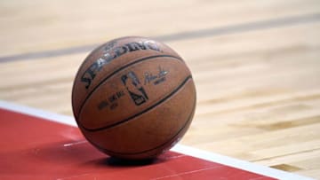 LAS VEGAS, NV - JULY 17: A basketball is shown on the court during the championship game of the 2017 Summer League between the Los Angeles Lakers of the Portland Trail Blazers at the Thomas