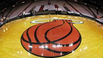 Jun 9, 2013; Miami, FL, USA; General view of the Miami Heat logo on the court during the first quarter of game two of the 2013 NBA Finals against the San Antonio Spurs at the American Airlines Arena. Mandatory Credit: Steve Mitchell-USA TODAY Sports