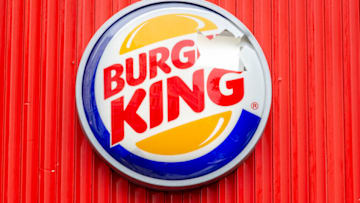 LONDON, UNITED KINGDOM - 2021/07/12: The Burger King sign on their restaurant in Londons Leicester Square seen smashed after England football fans threw bottles at it before the Euro 2020 final on Sunday. (Photo by Dave Rushen/SOPA Images/LightRocket via Getty Images)