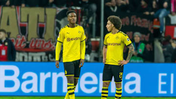 LEVERKUSEN, GERMANY - FEBRUARY 08: (BILD ZEITUNG OUT) Dan-Axel Zagadou of Borussia Dortmund and Axel Witsel of Borussia Dortmund looks dejected during the Bundesliga match between Bayer 04 Leverkusen and Borussia Dortmund at BayArena on February 8, 2020 in Leverkusen, Germany. (Photo by Mario Hommes/DeFodi Images via Getty Images)