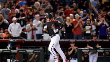 Apr 30, 2016; Phoenix, AZ, USA; Arizona Diamondbacks third baseman Brandon Drury (27) runs the bases after hitting a two-run home run in the sixth inning against the Colorado Rockies at Chase Field. Mandatory Credit: Joe Camporeale-USA TODAY Sports