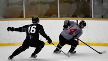 CENTENNIAL, CO - SEPTEMBER 23: Blake Comeau (14) of the Colorado Avalanche curls away from Nikita Zadorov (16) during the first day of training camp at Family Sports Ice Arena in Centennial, Colorado on September 23, 2016. (Photo by Seth McConnell/The Denver Post via Getty Images)