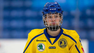 PLYMOUTH, MI - FEBRUARY 15: Axel Andersson #6 of the Sweden Nationals looks down the ice against the Finland Nationals during the 2018 Under-18 Five Nations Tournament game at USA Hockey Arena on February 15, 2018 in Plymouth, Michigan. Finland defeated Sweden 5-3. (Photo by Dave Reginek/Getty Images)*** Local Caption *** Axel Andersson