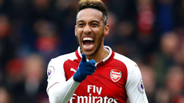 LONDON, ENGLAND - APRIL 08: Pierre-Emerick Aubameyang of Arsenal celebrates scoring his sides first goal during the Premier League match between Arsenal and Southampton at Emirates Stadium on April 8, 2018 in London, England. (Photo by Julian Finney/Getty Images)