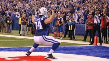 Nov 16, 2014; Indianapolis, IN, USA; Indianapolis Colts offensive tackle Anthony Castonzo (74) celebrates after catching a pass in the end zone for a touchdown against the New England Patriots at Lucas Oil Stadium. New England defeated Indianapolis 42-20. Mandatory Credit: Brian Spurlock-USA TODAY Sports