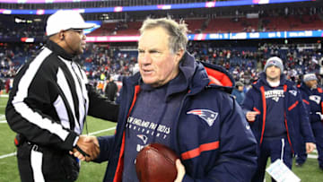 FOXBOROUGH, MA - JANUARY 13: Head cocah Bill Belichick of the New England Patriots reacts after winning the AFC Divisional Playoff game against the Tennessee Titans at Gillette Stadium on January 13, 2018 in Foxborough, Massachusetts. (Photo by Jim Rogash/Getty Images)