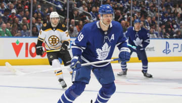 TORONTO, ON - APRIL 29: Jason Spezza #19 of the Toronto Maple Leafs skates against the Boston Bruins during an NHL game at Scotiabank Arena on April 29, 2022 in Toronto, Ontario, Canada. The Maple Leafs defeated the Bruins 5-2. (Photo by Claus Andersen/Getty Images)