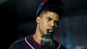 WASHINGTON, DC - SEPTEMBER 13: Juan Soto #22 of the Washington Nationals looks on after the game against the Atlanta Braves at Nationals Park on September 13, 2019 in Washington, DC. (Photo by Scott Taetsch/Getty Images)