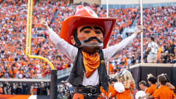 Pistol Pete cheers on the fans during a Bedlam college football game between the Oklahoma State University Cowboys (OSU) and the University of Oklahoma Sooners (OU) at Boone Pickens Stadium in Stillwater, Okla., Saturday, Nov. 4, 2023.