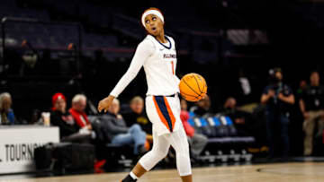 MINNEAPOLIS, MN - MARCH 02: Genesis Bryant #1 of the Illinois Fighting Illini dribbles the ball against the Rutgers Scarlet Knights in the second half of the game in the second round of the Big Ten Women's Basketball Tournament at Target Center on March 2, 2023 in Minneapolis, Minnesota. The Fighting Illini defeated the Scarlet Knights 81-55. (Photo by David Berding/Getty Images)