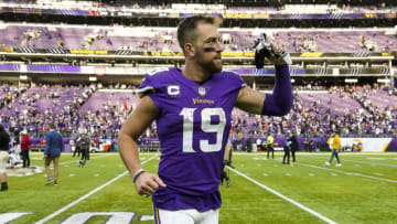 Adam Thielen #19 of the Minnesota Vikings walks off the field after the game against the Arizona Cardinals at U.S. Bank Stadium on October 30, 2022 in Minneapolis, Minnesota. The Vikings defeated the Cardinals 34-26. (Photo by David Berding/Getty Images)