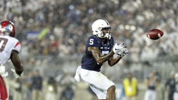 Sep 19, 2015; University Park, PA, USA; Penn State Nittany Lions wide receiver DaeSean Hamilton (5) catches a pass in the second quarter against the Rutgers Scarlet Knights at Beaver Stadium. Mandatory Credit: Evan Habeeb-USA TODAY Sports