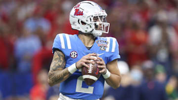 NEW ORLEANS, LOUISIANA - JANUARY 01: Matt Corral #2 of the Mississippi Rebels looks to pass against the Baylor Bears during the first quarter in the Allstate Sugar Bowl at Caesars Superdome on January 01, 2022 in New Orleans, Louisiana. (Photo by Sean Gardner/Getty Images)