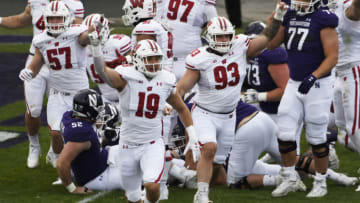 Nov 21, 2020; Evanston, Illinois, USA; Wisconsin Badgers linebacker Nick Herbig (19) celebrates his team's fumble recovery against the Northwestern Wildcats during the first half at Ryan Field. Mandatory Credit: David Banks-USA TODAY Sports