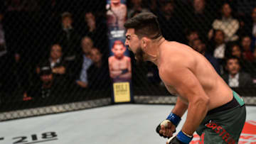 SHANGHAI, CHINA - NOVEMBER 25: Kelvin Gastelum celebrates after his knockout victory over Michael Bisping of England in their middleweight bout during the UFC Fight Night event inside the Mercedes-Benz Arena on November 25, 2017 in Shanghai, China. (Photo by Brandon Magnus/Zuffa LLC via Getty Images)