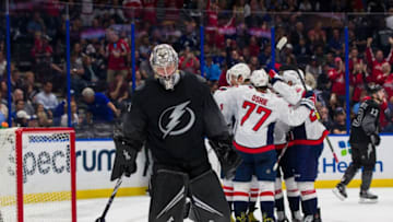 TAMPA, FL - MARCH 30: Goalie Andrei Vasilevskiy #88 of the Tampa Bay Lightning reacts to giving up a goal against the Washington Capitals at Amalie Arena on March 30, 2019 in Tampa, Florida. (Photo by Mark LoMoglio/NHLI via Getty Images)