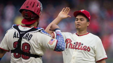 PHILADELPHIA, PA - JULY 4: Jorge Alfaro #38 and Victor Arano #64 of the Philadelphia Phillies celebrate after the game against the Baltimore Orioles at Citizens Bank Park on July 4, 2018 in Philadelphia, Pennsylvania. The Phillies defeated the Orioles 4-1. (Photo by Mitchell Leff/Getty Images)