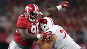 Sep 5, 2015; Arlington, TX, USA; Alabama Crimson Tide defensive lineman Jarran Reed (90) in game action against the Wisconsin Badgers at AT&T Stadium. Alabama won 35-17. Mandatory Credit: Tim Heitman-USA TODAY Sports