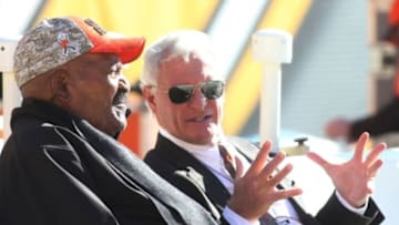 Nov 15, 2015; Pittsburgh, PA, USA; Cleveland Browns former running back Jim Brown (L) talks with Browns owner Jimmy Haslam (R) before the Browns play the Pittsburgh Steelers at Heinz Field. Mandatory Credit: Charles LeClaire-USA TODAY Sports