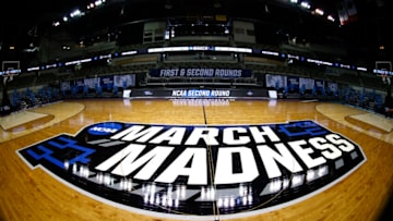 INDIANAPOLIS, INDIANA - MARCH 21: A general view of the March Madness logo on center court is seen before the game between the Oral Roberts Golden Eagles and the Florida Gators in the second round game of the 2021 NCAA Men's Basketball Tournament at Indiana Farmers Coliseum on March 21, 2021 in Indianapolis, Indiana. (Photo by Maddie Meyer/Getty Images)