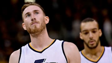 SALT LAKE CITY, UT - MAY 6: Gordon Hayward #20 of the Utah Jazz walks off the court looking at scoreboard, as they lost 102-91 to the Golden State Warriors in Game Three of the Western Conference Semifinals during the 2017 NBA Playoffs at Vivint Smart Home Arena on May 6, 2017 in Salt Lake City, Utah. NOTE TO USER: User expressly acknowledges and agrees that, by downloading and or using this photograph, User is consenting to the terms and conditions of the Getty Images License Agreement. (Photo by Gene Sweeney Jr/Getty Images)