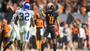 Tennessee wide receiver Jalin Hyatt (11) points to the endzone off a big completion during the NCAA football match between Tennessee and Kentucky in Knoxville, Tenn. on Saturday, Oct. 29, 2022.Tennesseevskentucky1029 4107