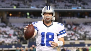 Dec 29, 2013; Arlington, TX, USA; Dallas Cowboys quarterback Kyle Orton (18) prior to the game against the Philadelphia Eagles at AT&T Stadium. Mandatory Credit: Matthew Emmons-USA TODAY Sports
