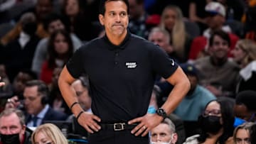 Miami Heat head coach Erik Spoelstra reacts on the sideline against the Atlanta Hawks(Dale Zanine-USA TODAY Sports)