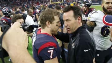 Dec 21, 2014; Houston, TX, USA; Houston Texans quarterback Case Keenum (7) and Baltimore Ravens offensive coordinator Gary Kubiak speak after the game at NRG Stadium. Mandatory Credit: Kevin Jairaj-USA TODAY Sports